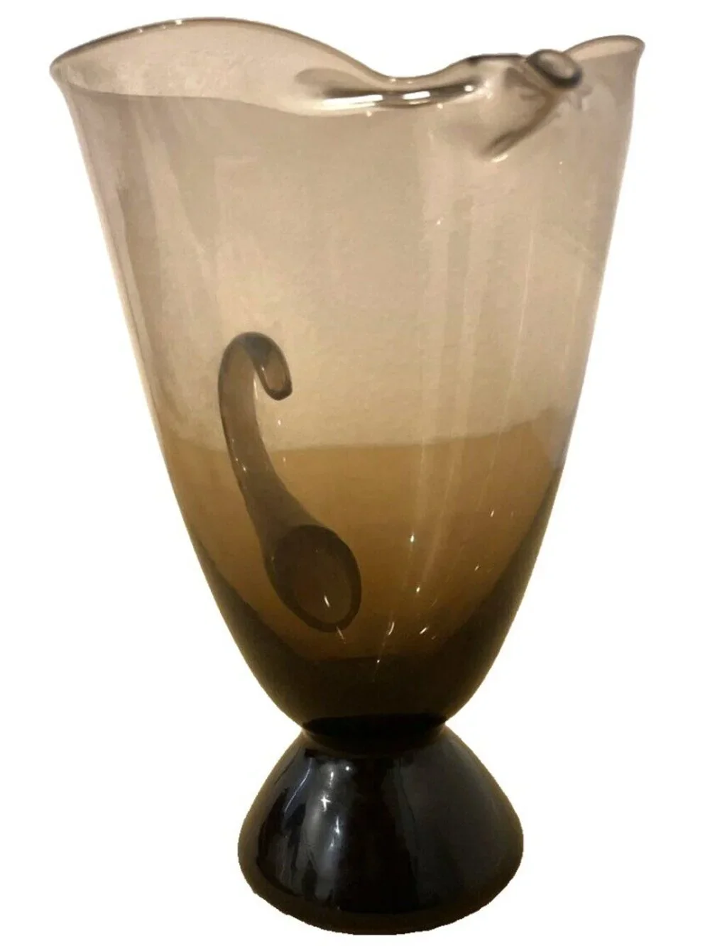 Vintage Mid Century Modern Smoke Gray Art Glass Pitcher Pinched Spout 9